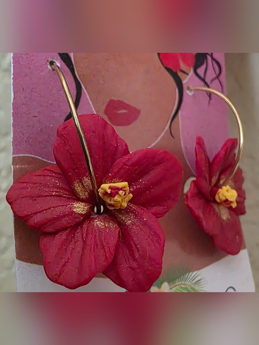 Maya and Twins Co Red Hibiscus Flower Gold Hoop Earrings Handmade Hawaii - Picture 2 of 6